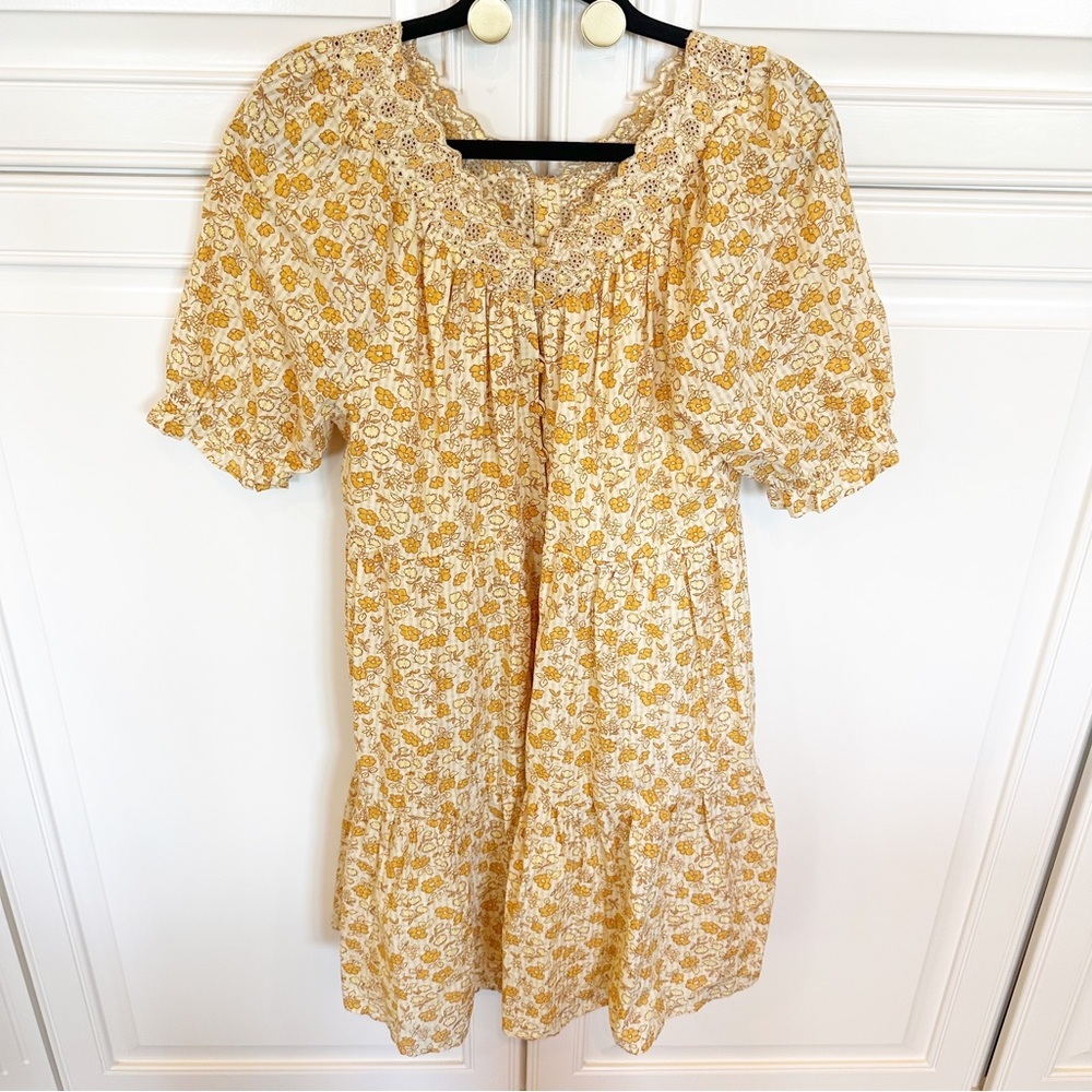 Madewell Women’s Eyelet Trim Tiered Mini Dress Gold Piccola Floral Puff Sleeve S - Picture 5 of 14